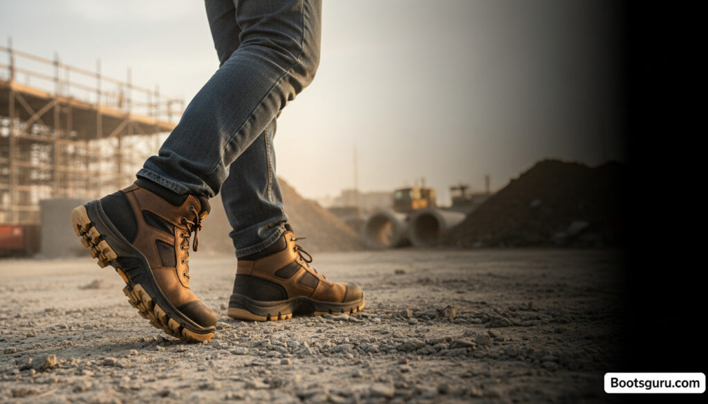 Person walking in work boots on construction site