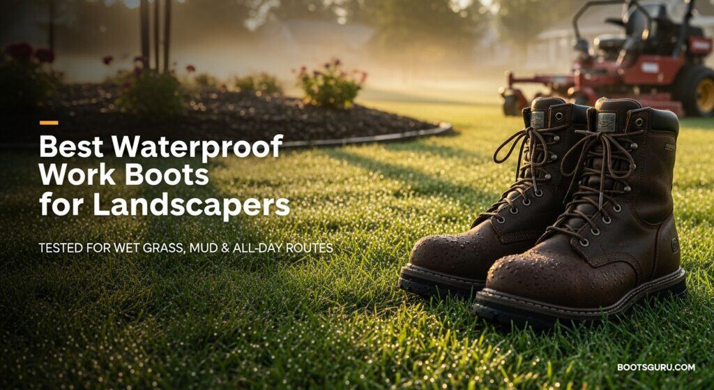 Durable waterproof work boots ideal for landscapers, designed to withstand wet grass, mud, and all-day outdoor use, ensuring comfort and protection on rugged terrains.