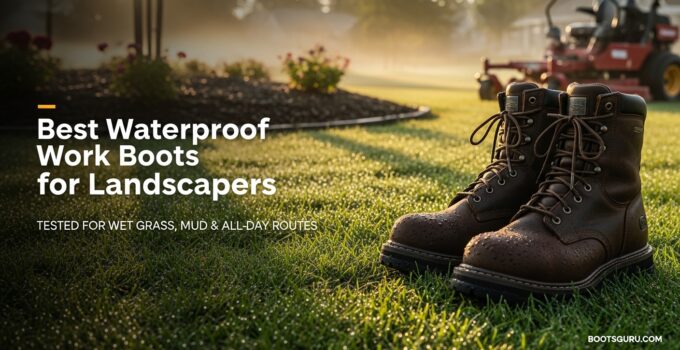 Durable waterproof work boots ideal for landscapers, designed to withstand wet grass, mud, and all-day outdoor use, ensuring comfort and protection on rugged terrains.