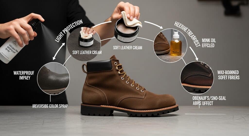 Leather boot care with cleaning products