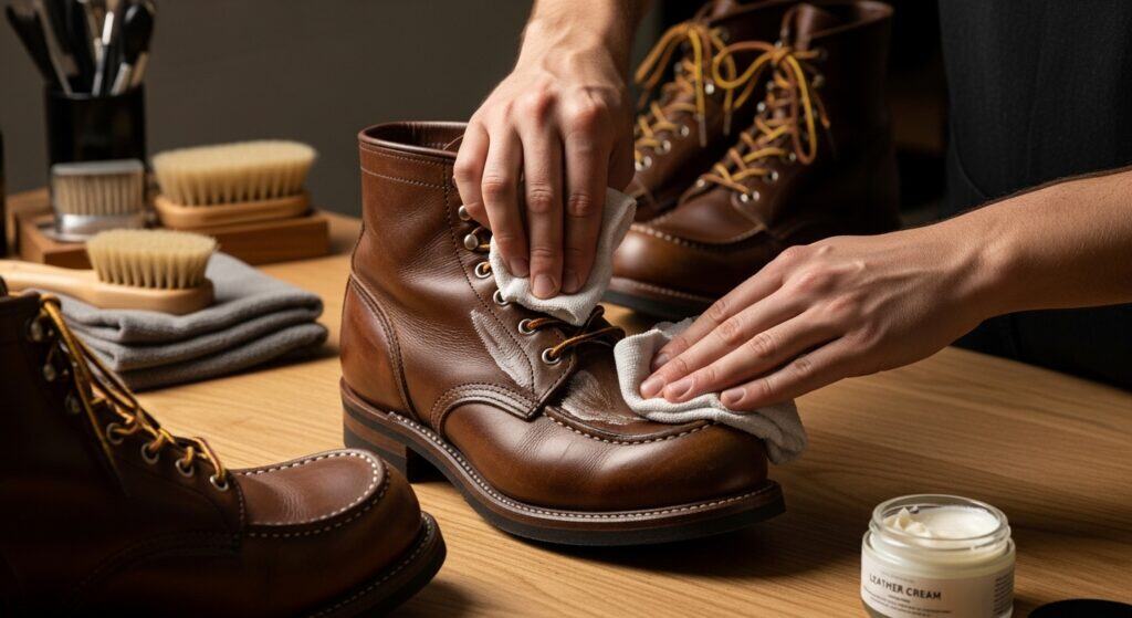 Polishing brown leather boots with cream