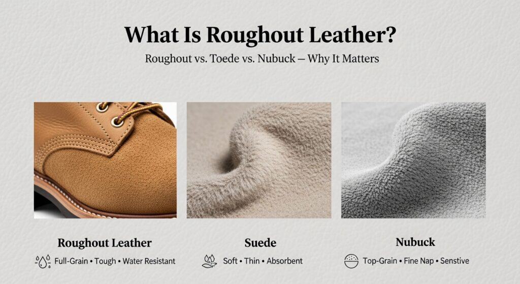 Comparison of roughout leather, suede, and nubuck