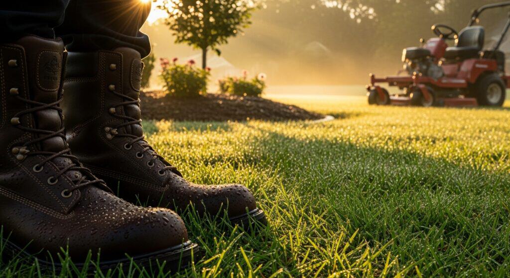 Water droplets on brown work boots