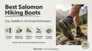 Close-up of a hiker's foot wearing Salomon hiking boots on rocky terrain with mountains in the background, showcasing durability and grip.