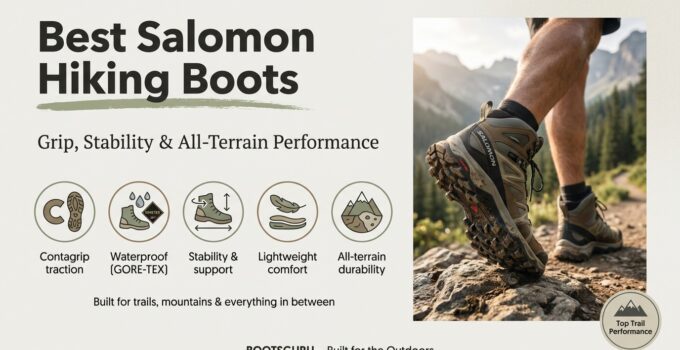 Close-up of a hiker's foot wearing Salomon hiking boots on rocky terrain with mountains in the background, showcasing durability and grip.