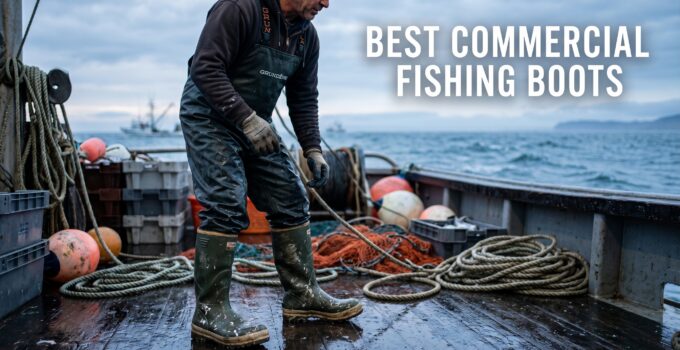 Durable commercial fishing boots worn by a fisherman on a boat deck, designed for water resistance and safety during fishing activities.