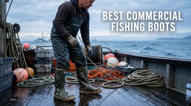 Durable commercial fishing boots worn by a fisherman on a boat deck, designed for water resistance and safety during fishing activities.