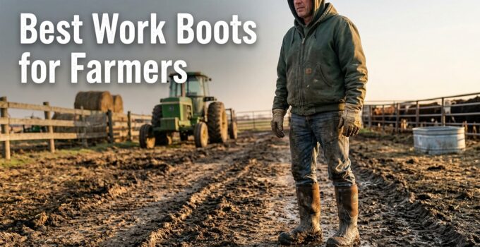 Man wearing durable work boots walking on muddy farm terrain with tractor in background, ideal footwear for farmers and agricultural workers.
