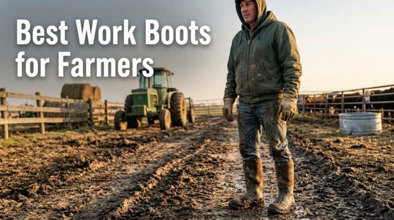 Man wearing durable work boots walking on muddy farm terrain with tractor in background, ideal footwear for farmers and agricultural workers.