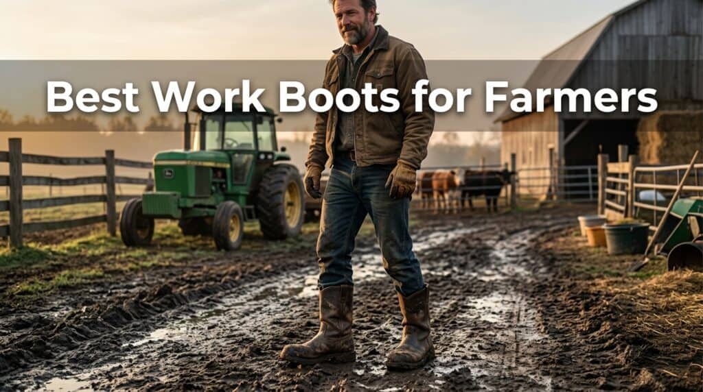 Man wearing durable work boots standing on muddy farm path with tractor and barn in background, showcasing the best work boots for farmers' durability and comfort.