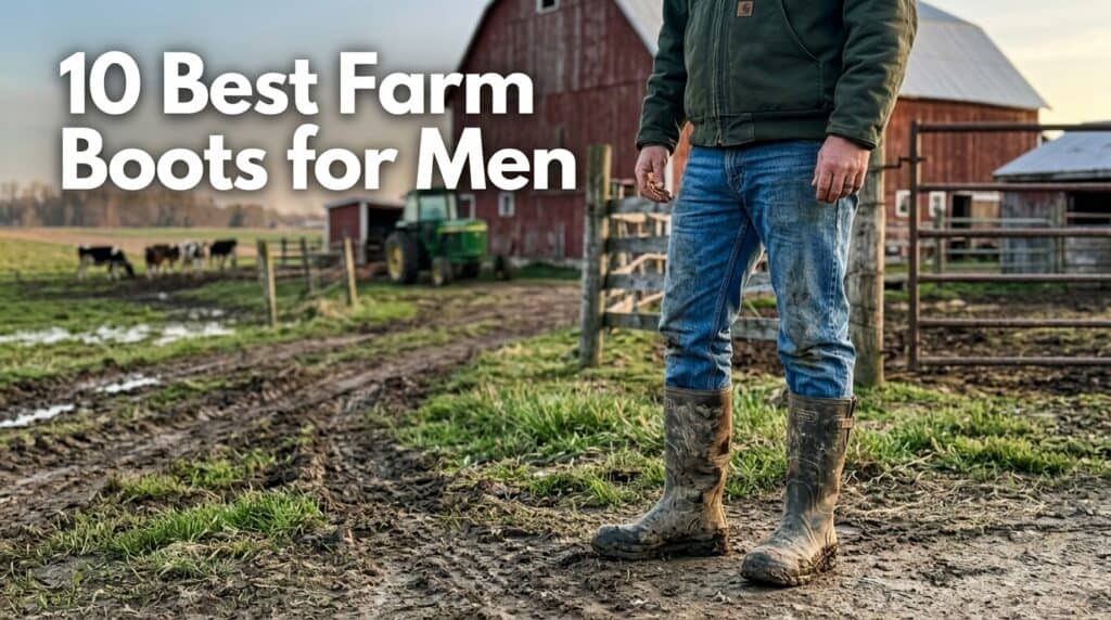 Man standing in muddy farm terrain wearing durable farm boots, showcasing rugged footwear suitable for agricultural work and outdoor activities.