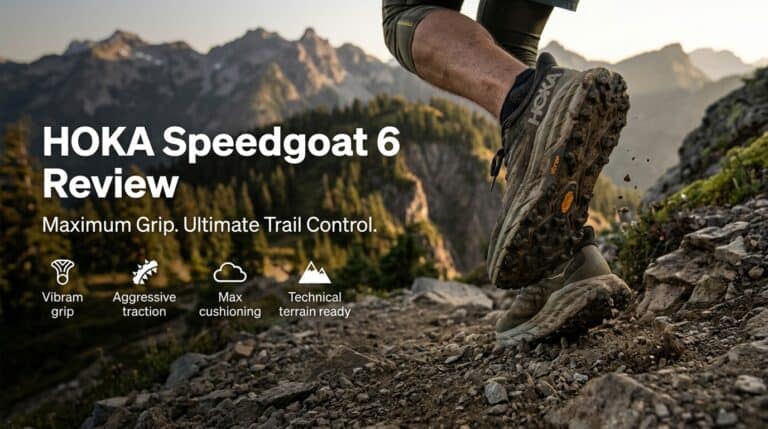 Close-up of HOKA Speedgoat 6 trail running shoe on rugged mountain trail, showcasing durable outsole and supportive design for trail running.