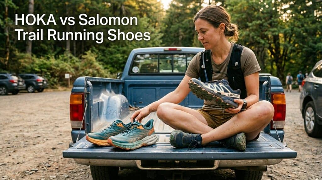 Woman sitting on a pickup truck bed holding a pair of trail running shoes, with another pair placed beside her, in an outdoor forest setting.
