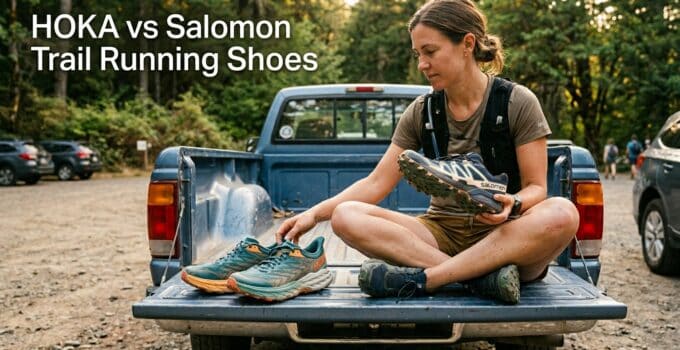 Woman sitting on a pickup truck bed holding a pair of trail running shoes, with another pair placed beside her, in an outdoor forest setting.