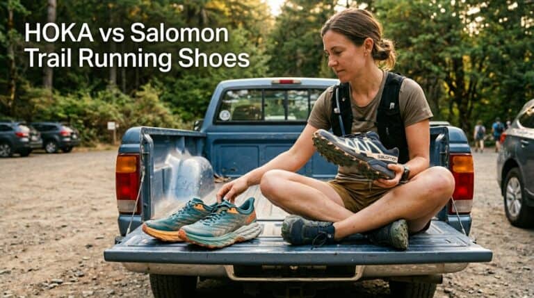 Woman sitting on a pickup truck bed holding a pair of trail running shoes, with another pair placed beside her, in an outdoor forest setting.