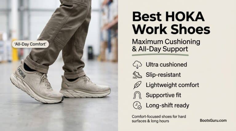 Close-up of a person wearing HOKA work shoes with maximum cushioning, slip-resistant soles, and supportive fit, ideal for long hours on hard surfaces.