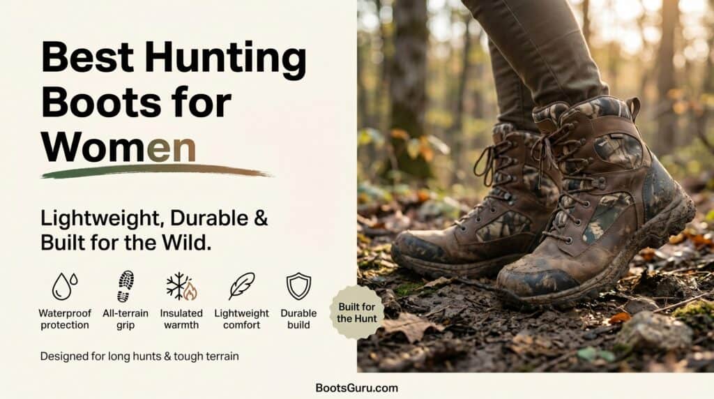 Close-up of rugged women's hunting boots in a forest setting, showcasing durability and waterproof features for outdoor hunting adventures.