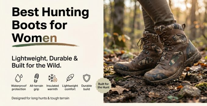 Close-up of rugged women's hunting boots in a forest setting, showcasing durability and waterproof features for outdoor hunting adventures.
