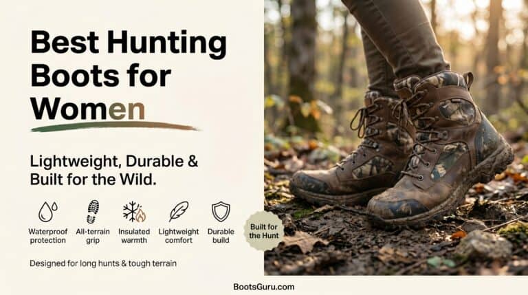 Close-up of rugged women's hunting boots in a forest setting, showcasing durability and waterproof features for outdoor hunting adventures.