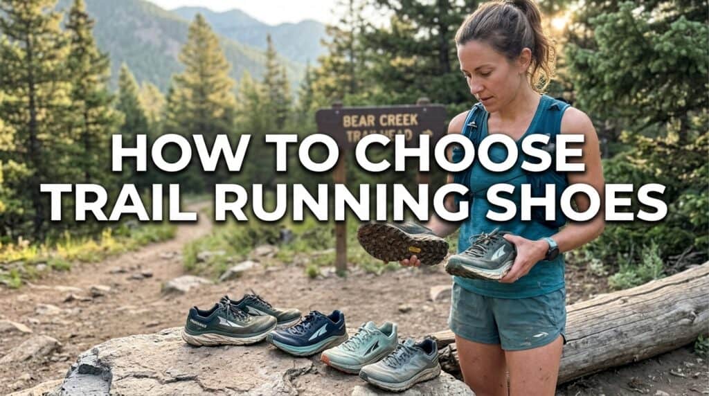 Woman selecting trail running shoes outdoors in a scenic forest setting, demonstrating how to choose the best trail running shoes for comfort and performance.