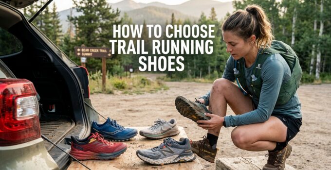 Woman selecting trail running shoes outdoors, showcasing different models on a mountain trail for optimal performance and comfort.