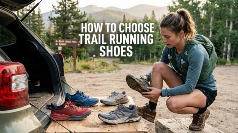 Woman selecting trail running shoes outdoors, showcasing different models on a mountain trail for optimal performance and comfort.
