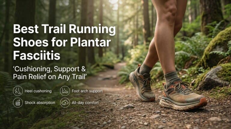 Close-up of trail running shoes designed for plantar fasciitis support, featuring cushioning, arch support, and shock absorption on a forest trail.