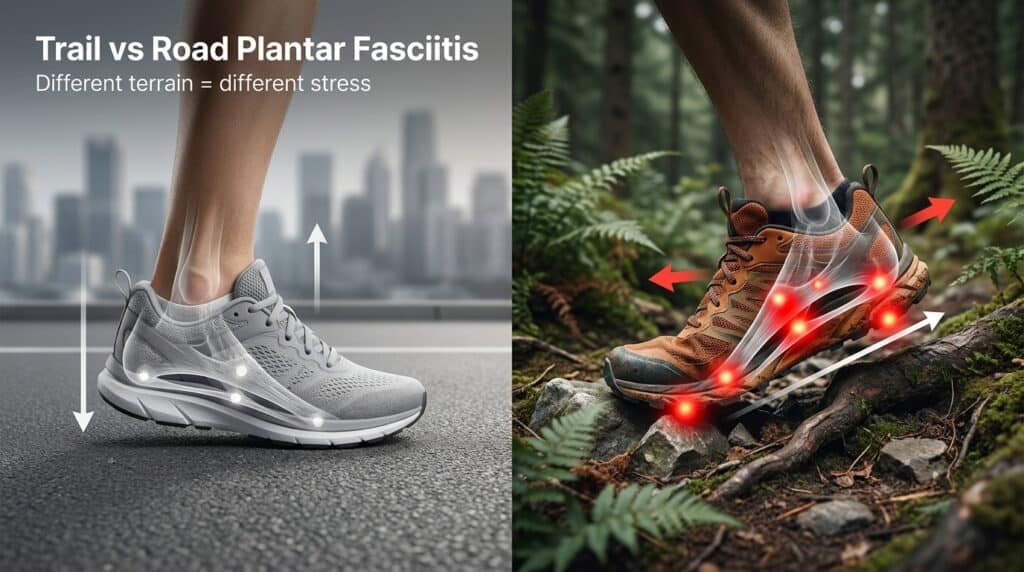 Comparison of trail and road running shoes highlighting differences in stress and support for plantar fasciitis. Suitable for runners seeking relief on various terrains.