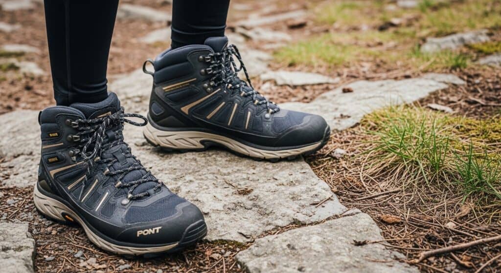 Close-up of hiking boots on rocky path