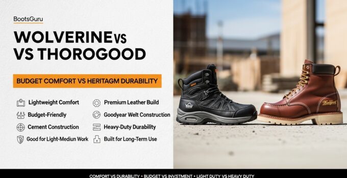 Image showing Wolverine and Thorogood work boots side by side, highlighting durability, comfort, and craftsmanship for professional and outdoor use.
