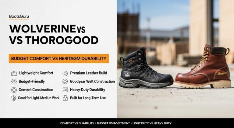 Image showing Wolverine and Thorogood work boots side by side, highlighting durability, comfort, and craftsmanship for professional and outdoor use.