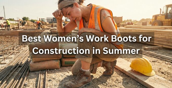 Female construction worker wearing durable work boots on site, highlighting the best women's construction boots for summer projects.
