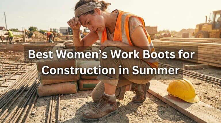 Female construction worker wearing durable work boots on site, highlighting the best women's construction boots for summer projects.