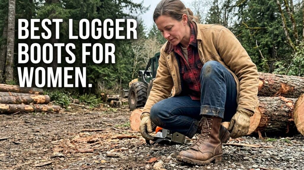 Woman wearing durable logger boots outdoors, demonstrating safety and comfort for logging and outdoor work. Perfect footwear for women in forestry and rugged environments.