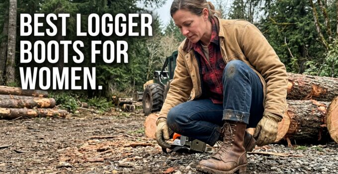 Woman wearing durable logger boots outdoors, demonstrating safety and comfort for logging and outdoor work. Perfect footwear for women in forestry and rugged environments.