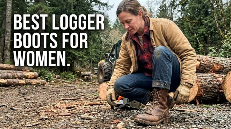 Woman wearing durable logger boots outdoors, demonstrating safety and comfort for logging and outdoor work. Perfect footwear for women in forestry and rugged environments.