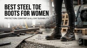 Close-up of women’s steel toe work boots in a workshop, highlighting safety features like steel toe protection, waterproof design, and slip resistance for women’s safety footwear.