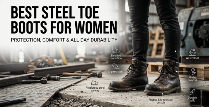 Close-up of women’s steel toe work boots in a workshop, highlighting safety features like steel toe protection, waterproof design, and slip resistance for women’s safety footwear.