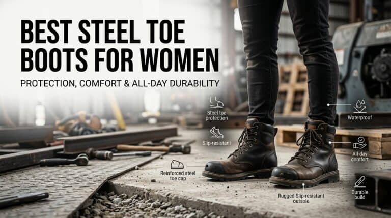 Close-up of women’s steel toe work boots in a workshop, highlighting safety features like steel toe protection, waterproof design, and slip resistance for women’s safety footwear.