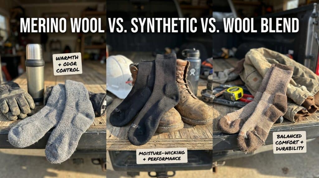 Comparison of merino wool, synthetic, and wool blend socks highlighting warmth, moisture-wicking, comfort, and durability for outdoor footwear.
