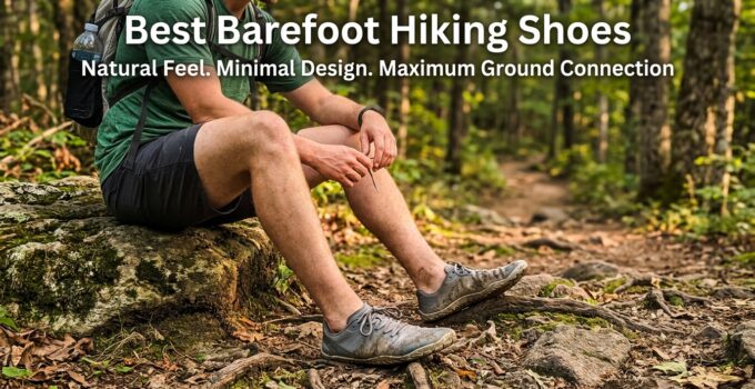 Man sitting on a log in barefoot hiking shoes in a forest, showcasing natural feel and minimal design for outdoor adventures.