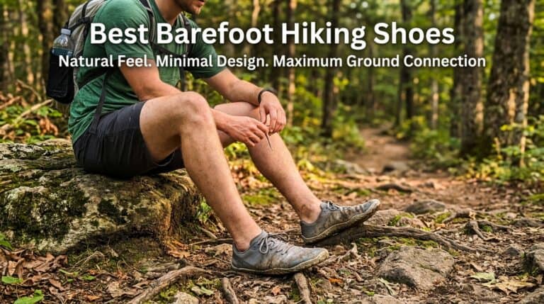 Man sitting on a log in barefoot hiking shoes in a forest, showcasing natural feel and minimal design for outdoor adventures.