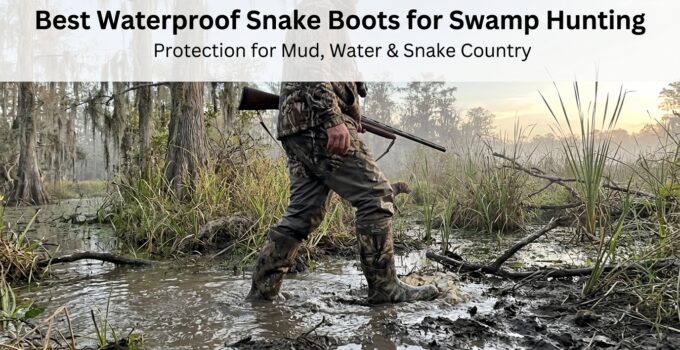 Hunter walking through swamp water wearing waterproof snake boots, camouflage clothing, and holding a rifle, ideal for swamp hunting and snake protection.