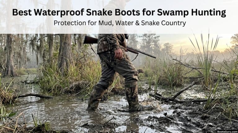Hunter walking through swamp water wearing waterproof snake boots, camouflage clothing, and holding a rifle, ideal for swamp hunting and snake protection.