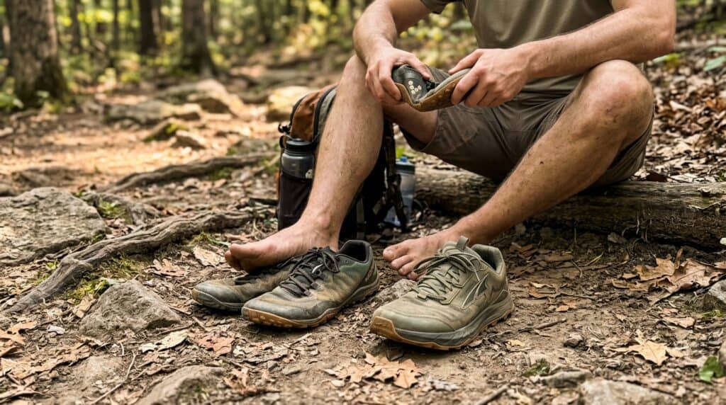 hiker comparing barefoot shoes 202606041010