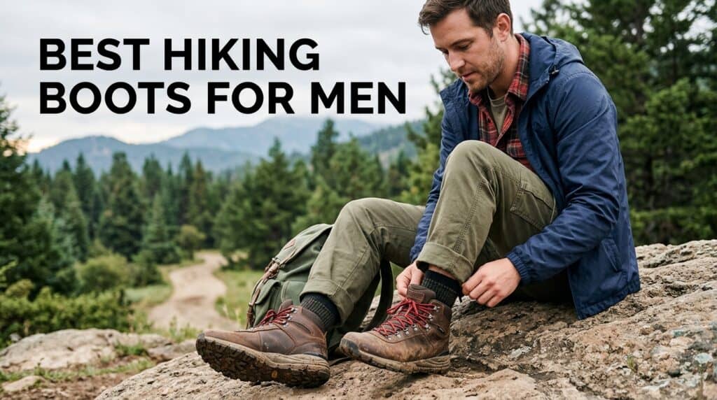 Man tying hiking boots outdoors in a scenic forest setting, showcasing durable and comfortable hiking footwear for men suitable for outdoor adventures.