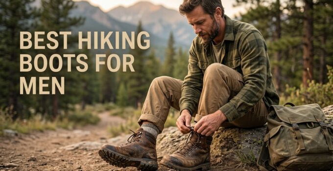 Man tying hiking boots outdoors in a forest setting, showcasing durable men's hiking footwear for outdoor adventures and trekking.