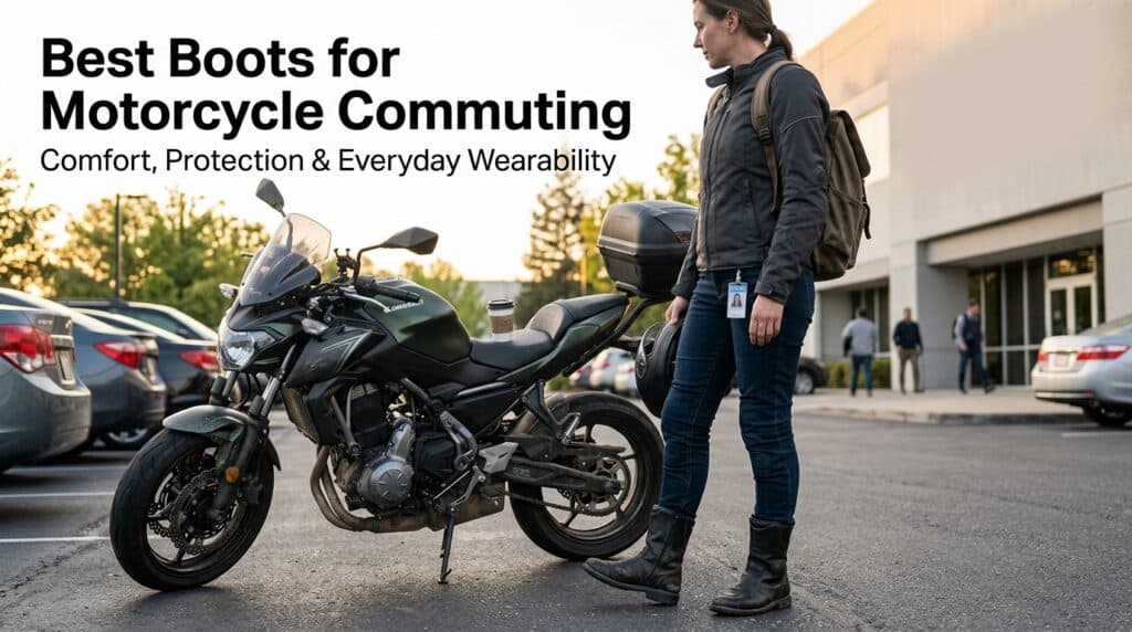 Woman in motorcycle boots standing next to a black motorcycle in a parking lot, emphasizing comfort, protection, and style for motorcycle commuting.
