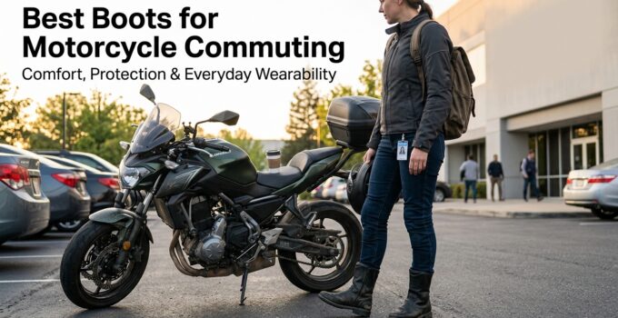 Woman in motorcycle boots standing next to a black motorcycle in a parking lot, emphasizing comfort, protection, and style for motorcycle commuting.