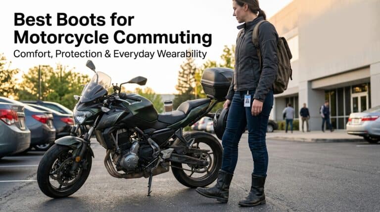 Woman in motorcycle boots standing next to a black motorcycle in a parking lot, emphasizing comfort, protection, and style for motorcycle commuting.